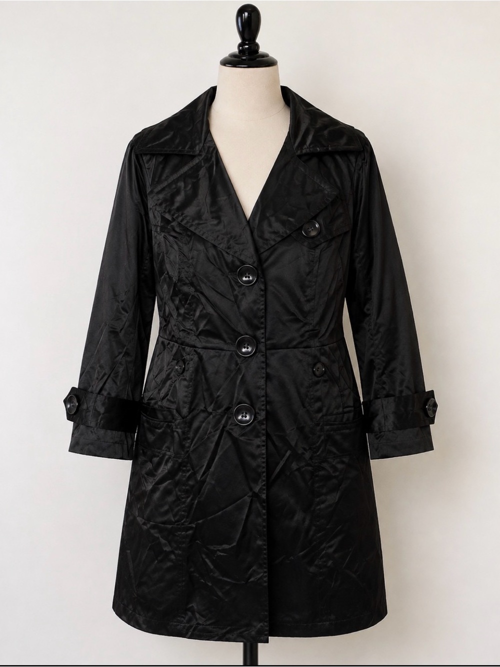 Y2K - Sugarfly New York- black trench coat- sleek - lined- big collar